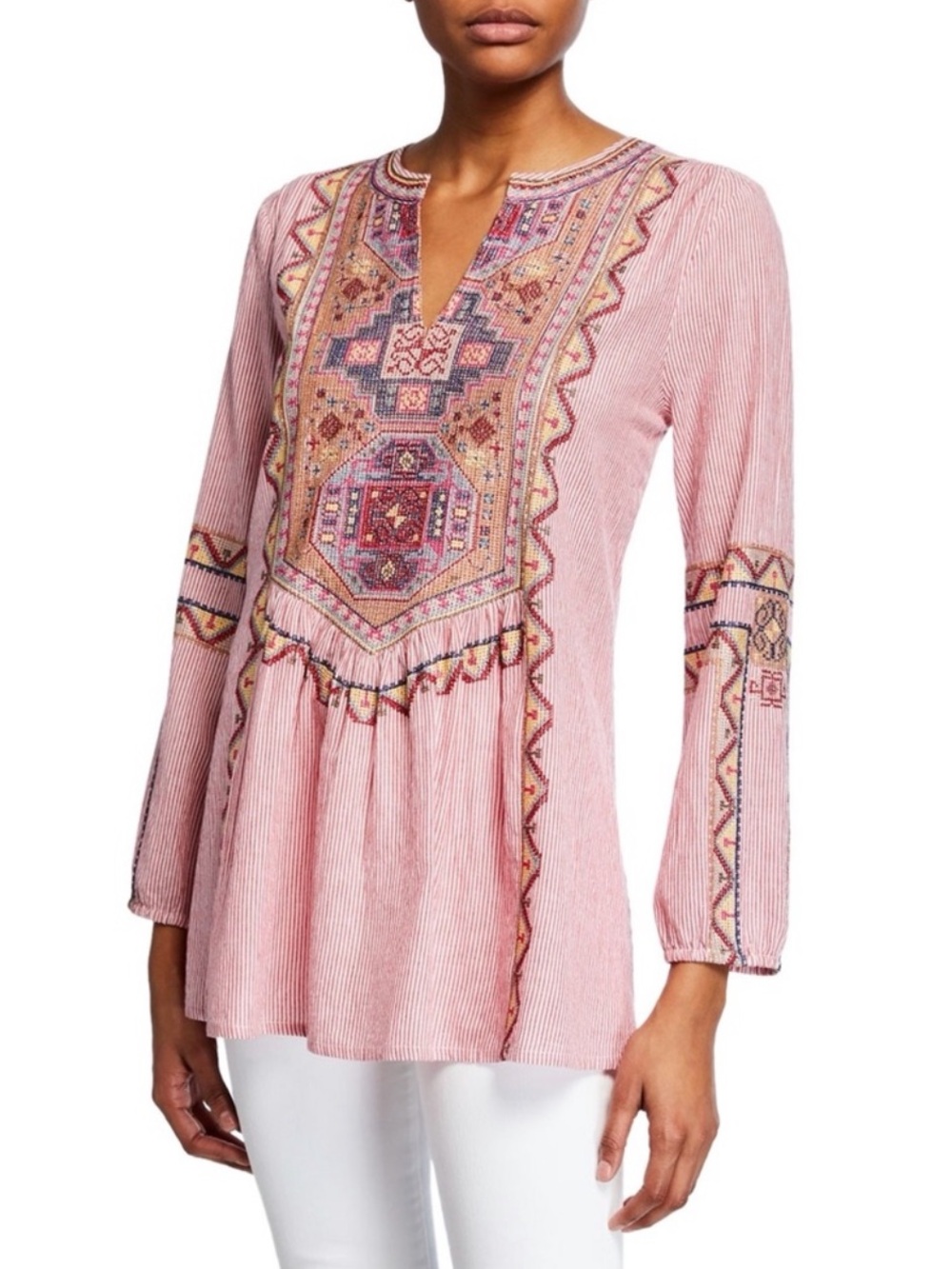 Tolani Collection Lauren Embroidered Blouse Pink White Striped Tunic Size XL